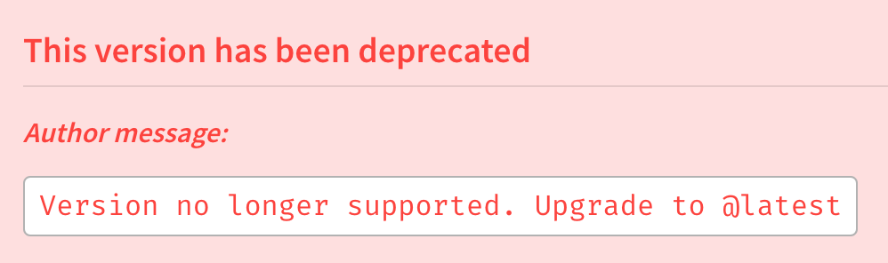 Screenshot of package deprecation for a particular version